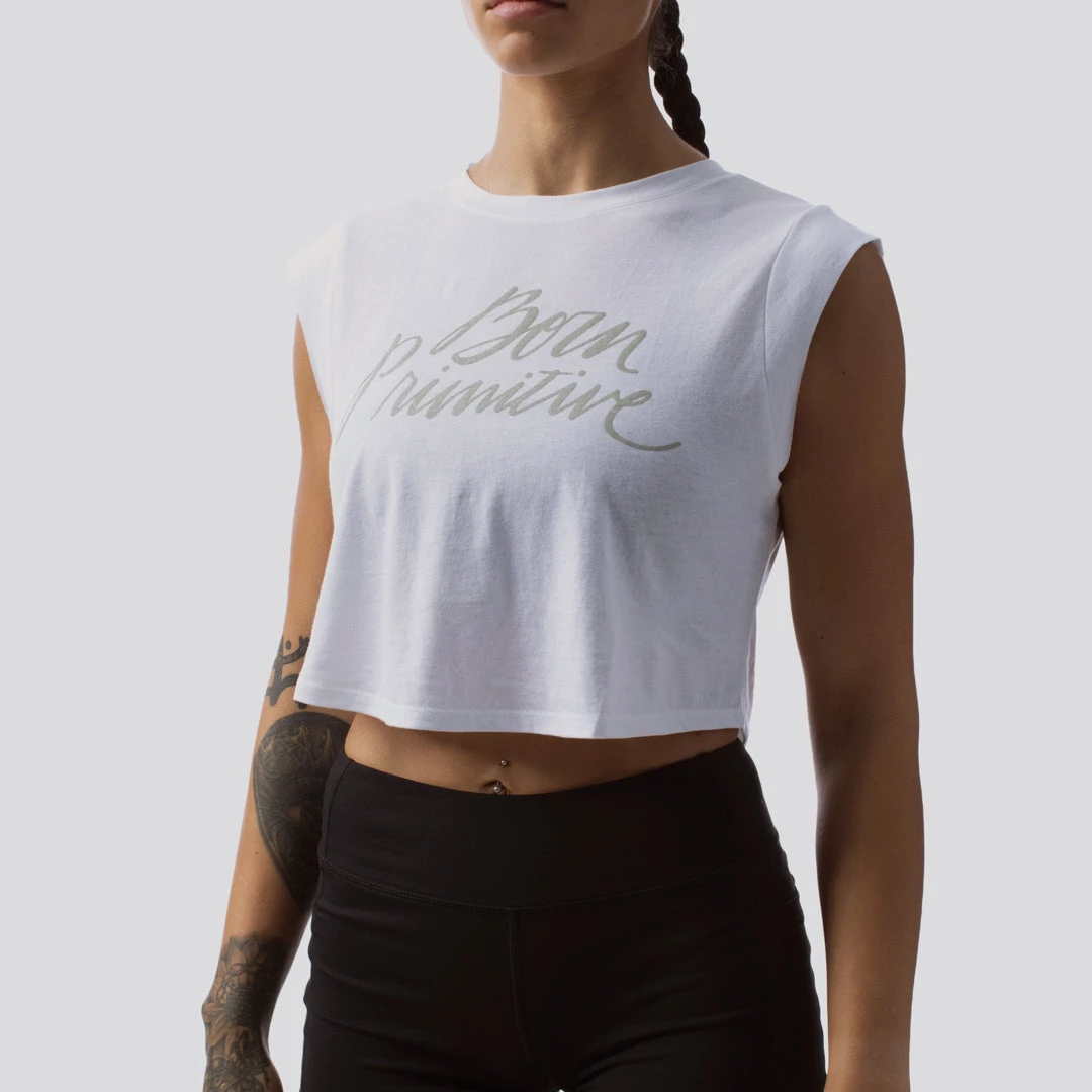 Born Primitive Brand Calligraphy Festival Cropped Tank (White) Tops 3 Born Primitive Brand Calligraphy Festival Cropped Tank (White) Tops
